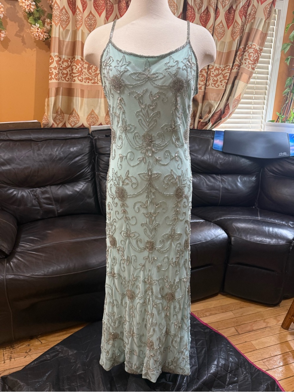 Together light blue beaded and sequined maxi dress with silver floral embroidery